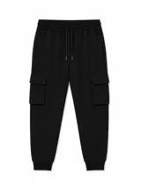 Pantalón jogger cargo negro de felpa, con cintura elástica ajustable con cordón, bolsillos laterales y bolsillos cargo en los muslos.
