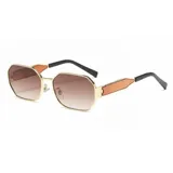 Lentes de sol con marco metálico dorado de forma octogonal y cristales degradados en tono marrón. Las patillas combinan una sección lateral en color naranja con extremos en negro.