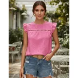 Blusa de tela broderie color negro, con cuello redondo, mangas cortas con volados y detalle de calado horizontal en la parte superior del pecho.