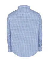 Camisa de manga larga RKF confeccionada en popelina de algodón, con diseño de cuadros en tonos azules y blancos. Presenta cuello con botones, cierre frontal abotonado, puños ajustables y bolsillo en el pecho con el logo de la marca bordado.