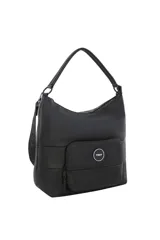 Cartera tipo hobo de cuero sintético en color beige, con un bolsillo frontal con cierre y parche circular con el logotipo de la marca "TRDY". Presenta un asa corta superior y detalles en herrajes negros.