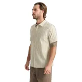 Camisa de manga corta de tejido técnico perforado con fibras Tactel transpirables y stretch, ideal para climas cálidos. Presenta un diseño a rayas verticales en tonos beige y blanco, con cuello camisero y cierre frontal de botones.