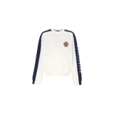 Buzo Balenciaga de cuello redondo, color blanco con bandas laterales azul marino en las mangas, escudo bordado en el pecho y el nombre de la marca impreso en la manga izquierda.