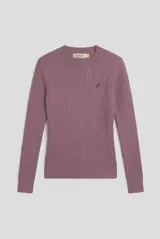 Sweater de punto con diseño de ochos, color rosado, con cuello redondo, mangas largas y pequeño logo bordado en el pecho.
