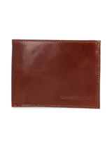 Billetera de cuero color marrón coñac, diseño clásico y horizontal, con el logo de la marca grabado en la parte inferior derecha.