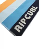 Toalla de playa Rip Curl Surf Revival Double Towel Ii, con diseño a rayas verticales de colores negro, marrón, beige, amarillo, naranja, celeste, azul y azul marino. Logotipo de Rip Curl en blanco.