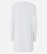 Cardigan alargado de punto liviano color gris, con mangas largas y abertura total.