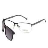 Lentes de receta con marco superior de metal color gris oscuro y diseño semi al aire, que incluye un clip-on magnético de sol con cristales oscuros.