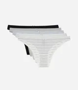 Kit de cinco bombachas modelo bikini confeccionadas en algodón con elastano. El set incluye cuatro unidades lisas en tonos neutros y una unidad con estampado de rayas horizontales. Todas las piezas cuentan con un pequeño lazo decorativo en la parte frontal y forro de algodón.