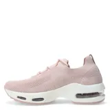 Championes deportivos de mujer con capellada de tejido knit en color rosado, diseño tipo slip-on con cordones decorativos y suela chunky con cámara de aire visible.