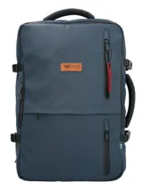 Mochila maletín RKF de diseño funcional en color azul marino, fabricada en poliéster reciclado repelente al agua. Cuenta con múltiples compartimentos con cierre, espacio para laptop de 15 pulgadas, correas ajustables, almohadillas ergonómicas en la espalda y asa lateral para uso como maletín.