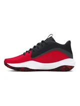 Championes de básquetbol Under Armour Lockdown 7, con diseño bicolor en rojo y negro. Presentan una parte superior de malla transpirable con refuerzos de cuero, entresuela de EVA para mayor amortiguación y suela de caucho con patrón de tracción en espiga para un mejor agarre en la cancha.