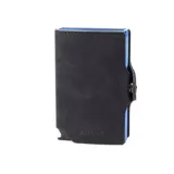 Billetera tarjetero automática de cuero negro con estructura interna de aluminio en color azul. Cuenta con cierre de broche a presión y logo grabado en el frente.