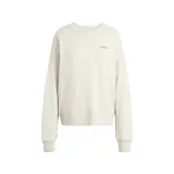 Buzo Adidas de cuello redondo, confeccionado en felpa francesa color beige. Presenta un corte holgado, puños y dobladillo acanalados, y el logo de la marca bordado en el pecho en color verde.