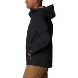 Campera impermeable y transpirable Columbia modelo Earth Explorer II Omni-Tech, de color negro, con capucha ajustable, cierre frontal con solapa, bolsillos con cremallera y puños ajustables.
