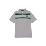 Remera tipo polo de manga corta en color gris jaspeado. Presenta un diseño con franjas horizontales en tonos verde oscuro y verde claro en la parte superior del pecho, junto con un parche de silicona con el logo de la marca. Incluye un pequeño bordado triangular en color amarillo en la manga.