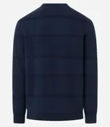 Buzo azul marino de algodón texturizado, con cuello redondo y mangas largas con puños ajustados.