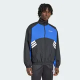 Campera deportiva Adidas Cutline Track Top, modelo en color negro con bloques de color azul y detalles de las icónicas tres tiras blancas en las mangas. Cuenta con cierre frontal completo, cuello alto y elásticos en puños y cintura.