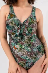 Malla entera estampada con motivos de hojas y animales, con escote en V y nudo en el centro del busto.