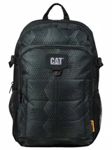 Mochila Caterpillar Barry de color negro con estampado geométrico sutil, compartimento principal amplio, bolsillo frontal con organizador y logo de la marca, compartimento acolchado para laptop, bolsillos laterales de red y correas ajustables.