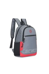 Mochila Discovery de diseño urbano, combinando paneles en gris, negro y verde oliva. Cuenta con un compartimento principal amplio, un bolsillo frontal con cierre, bolsillos laterales de red y correas ajustables acolchadas. Incluye el logo de la marca bordado en la parte superior y el nombre estampado en la base.