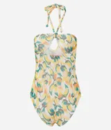 Body femenino con estampado de bananas en tonos amarillo, naranja y verde. Diseño de frente única con lazo anudado en el centro del busto que genera un corte tipo ojal.
