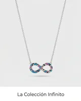 Collar de acero con cadena fina y dije en forma de símbolo infinito decorado con cristales de colores.