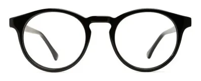 Armazón para lentes de receta de acetato color negro, de forma ovalada con patillas plateadas. Diseño de panto clásico con lentes de 51 mm de ancho y patillas antideslizantes.