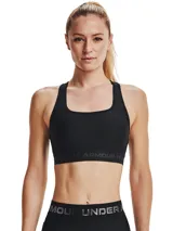 Top deportivo Under Armour de soporte medio, confeccionado en tejido HeatGear de doble capa con copas suaves extraíbles y tirantes cruzados en la espalda. Presenta banda elástica inferior con logo de la marca.
