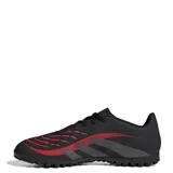 Championes de fútbol Adidas Predator Club TF, diseñados para césped artificial. Presentan un diseño en color negro con detalles en rojo, parte superior sintética texturizada con tecnología Strikeprint para mayor precisión y suela de goma con tapones cortos para tracción.