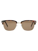 Lentes de sol RKF modelo Positano, con armazón estilo clubmaster de acetato con estampado carey y detalles metálicos dorados, y cristales polarizados color marrón.