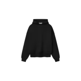 Hoodie Fear of God Essentials de color negro, con cierre frontal parcial de media cremallera, capucha y diseño oversize de mangas caídas.