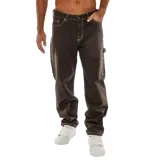 Pantalon tipo carpintero de corte recto, confeccionado en tejido rígido de algodón, con costuras a contratono y bolsillos laterales utilitarios.