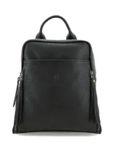 Mochila Hush Puppies de cuero negro, modelo Saba Bufalo, con cierre frontal, asas superiores y bolsillos laterales con tiras de flecos colgantes.