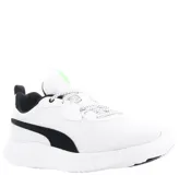 Championes deportivos Puma modelo Resolve Smooth, color blanco con detalles en negro. Presentan una parte superior de malla transpirable, cierre con cordones y suela de goma blanca con amortiguación.