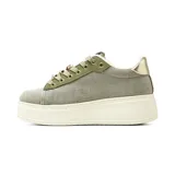 Sneaker de plataforma Korium modelo Ara, color beige con detalles metalizados y apliques de pedrería en los cordones.