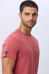Remera lisa de manga corta y cuello redondo, color gris oscuro, de calce cómodo con pequeño logo bordado en el pecho.