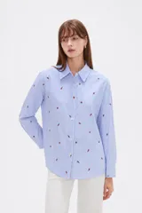 Blusa de corte holgado con cuello camisero y cierre frontal de botones. Presenta un diseño de rayas verticales finas en color azul y blanco, decorado con pequeños bordados dispersos.