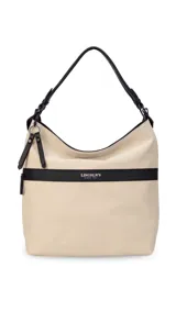 Cartera tipo hobo de tamaño grande en color beige, con detalles en negro. Presenta una franja horizontal negra con el logo de la marca, asa corta de hombro y correa larga desmontable. Incluye bolsillo frontal con cierre oculto y bolsillo trasero.