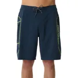 Short de baño Rip Curl azul marino con costuras y detalles en verde lima, bolsillo lateral con cierre y cordón ajustable en la cintura.