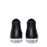 Championes Converse All Star de cuero negro, caña alta y suela blanca.