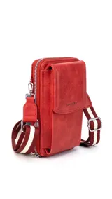 Phone bag color rojo con bolsillo frontal de tapa para el celular. Cuenta con correa de galón regulable y desmontable, cierre perimetral de gran apertura, bolsillos internos para documentos, reparticiones para tarjetas y billetes.