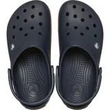 Zuecos Crocs modelo Crocband con diseño deportivo, confeccionados en espuma Croslite. Presentan una banda lateral color caramelo con una línea blanca, correa pivotante en el talón y perforaciones superiores para ventilación.