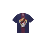 Remera de manga corta Supreme x MM6 Maison Margiela con diseño dividido, combinando tonos azul oscuro y bordó, con un gráfico de águila y el logotipo de Supreme.