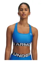 Top deportivo de soporte medio Under Armour, confeccionado en tejido HeatGear que absorbe el sudor y se seca rápidamente. Presenta un diseño de espalda cruzada con abertura para mayor ventilación, doble forro para cobertura y una banda elástica inferior con el logo de la marca. El tejido elástico en cuatro direcciones permite una gran libertad de movimiento.
