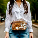 Riñonera de cuero color marrón terracota pintada a mano con diseño de flores blancas, con cierre principal.