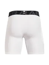Short deportivo Under Armour HeatGear de compresión color blanco, con cintura elástica ancha en contraste con el nombre de la marca y logo en la pierna derecha.