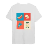 Remera de manga corta color gris oscuro, con cuello redondo y un pequeño estampado de un pancho (hot dog) en el pecho.