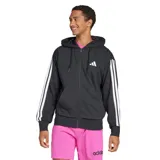 Campera deportiva Adidas M 3S FT FZ HD de color negro con cierre frontal, capucha ajustable y bolsillos tipo canguro. Presenta las icónicas tres tiras blancas en las mangas y el logo de la marca estampado en el pecho.