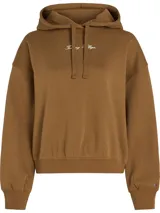Buzo con capucha color marrón, de corte amplio, con cordón ajustable, puños y bajo de punto canalé. Logo de Tommy Hilfiger texturizado en fuente Script en el pecho y logo bordado en la manga.